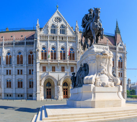 Leopold Town Budapest Hungary. Gyula Andrassy Equestrian Statue outside Hungarian Parliament National Assembly.の写真素材
