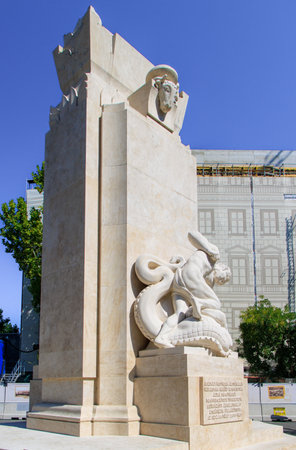 Budapest, Hungary. Reconstructed Memorial of the National Martyrs, A Nemzet Vertanuinak, in the Hungarian capital. City center in the background.の写真素材