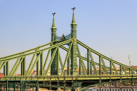 Budapest, Hungary. The Liberty Bridge in Budapest in Hungary, it connects Buda and Pest cities across the Danube river. Shortest bridge in Budapest city.の写真素材