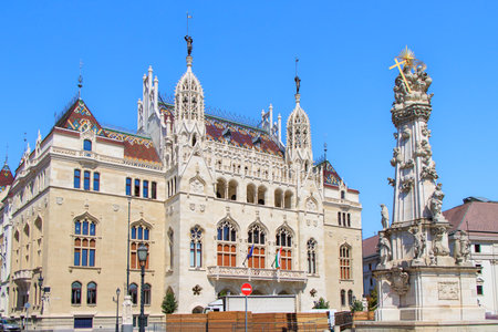 Budapest. Hungary. Holy Trinity column at Budapest Castle hill square - hexagonal obelisk, made of limestone: surmounted by a sculpture group showing God the Father, the Son and Holy Ghost.の写真素材