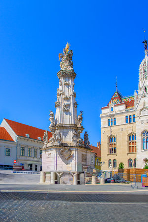 Budapest. Hungary. Holy Trinity column at Budapest Castle hill square - hexagonal obelisk, made of limestone: surmounted by a sculpture group showing God the Father, the Son and Holy Ghost.の写真素材