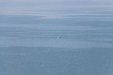 Balatonakarattya, Hungary. Panoramic view of Balatonakarattya on a sunny summer day with turquoise Lake Balaton, blue sky and clouds.の写真素材