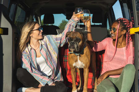 Two girls of different ethnicities toasting with wine inside a van with a boxer dog in the...