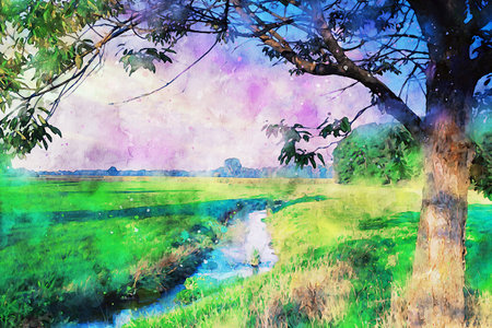Watercolor Landscape Background Illustrationの写真素材