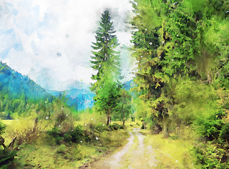 Watercolor Landscape Background Illustrationの写真素材
