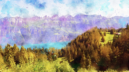 Watercolor Landscape Background Illustrationの写真素材
