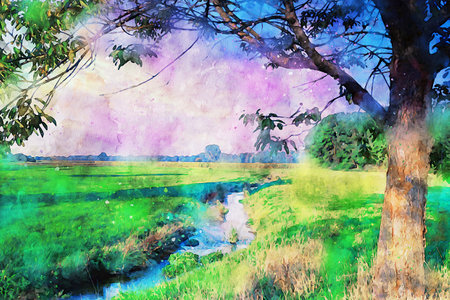 Watercolor Landscape Background Illustrationの写真素材