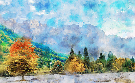 Watercolor Landscape Background Illustrationの写真素材