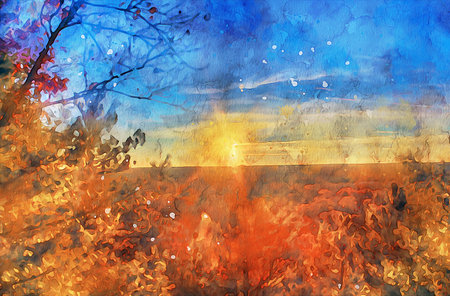 Watercolor Landscape Background Illustrationの写真素材