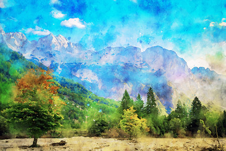 Watercolor Landscape Background Illustrationの写真素材