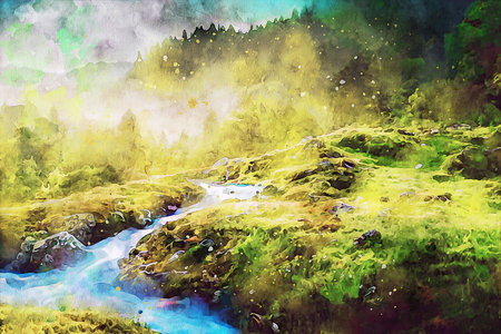 Watercolor Landscape Background Illustrationの写真素材