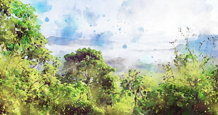 Watercolor Landscape Background Illustrationの写真素材