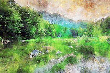 Watercolor Landscape Background Illustrationの写真素材