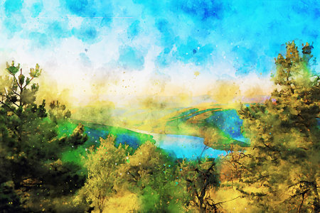 Watercolor Landscape Background Illustrationの写真素材