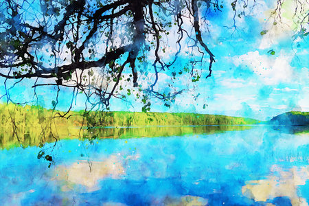 Watercolor Landscape Background Illustrationの写真素材