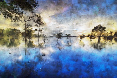 Watercolor Landscape Background Illustrationの写真素材