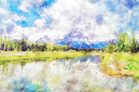 Watercolor Landscape Background Illustrationの写真素材