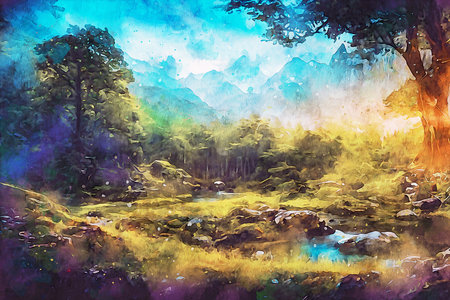 Watercolor Landscape Background Illustrationの写真素材
