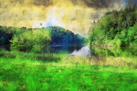 Watercolor Landscape Background Illustrationの写真素材