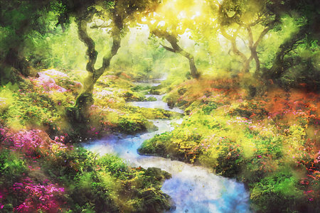 Watercolor Landscape Background Illustrationの写真素材