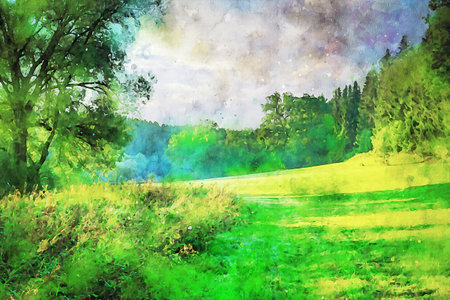 Watercolor Landscape Background Illustrationの写真素材