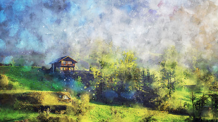 Watercolor Landscape Background Illustrationの写真素材