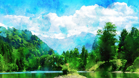 Watercolor Landscape Background Illustrationの写真素材