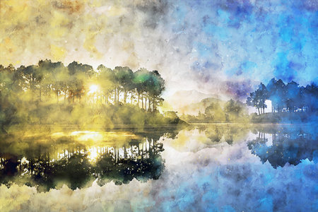 Watercolor Landscape Background Illustrationの写真素材