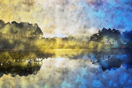 Watercolor Landscape Background Illustrationの写真素材