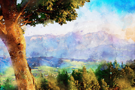 Watercolor Landscape Background Illustrationの写真素材
