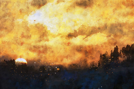 Watercolor Landscape Background Illustrationの写真素材