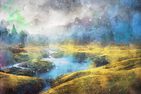 Watercolor Landscape Background Illustrationの写真素材