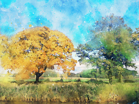 Watercolor Landscape Background Illustrationの写真素材