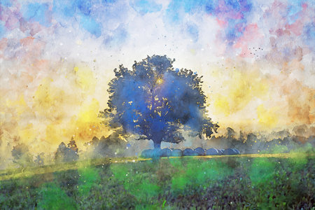 Watercolor Landscape Background Illustrationの写真素材
