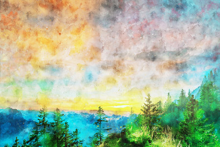 Watercolor Landscape Background Illustrationの写真素材