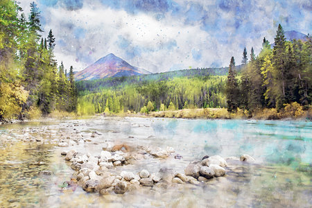 Watercolor Landscape Background Illustrationの写真素材