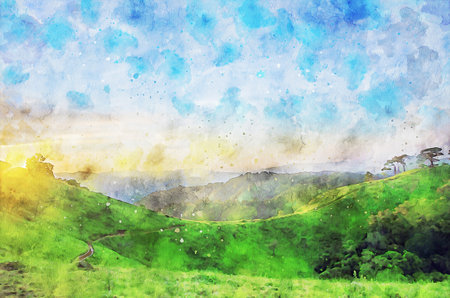 Watercolor Landscape Background Illustrationの写真素材