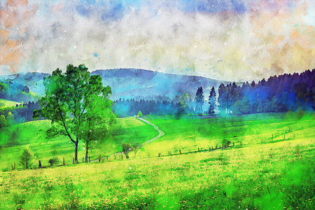 Watercolor Landscape Background Illustrationの写真素材