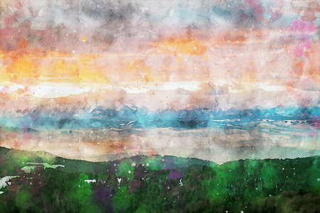 Watercolor Landscape Background Illustrationの写真素材