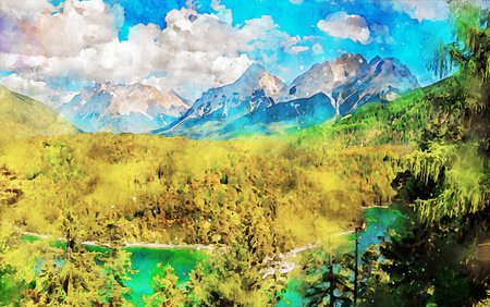 Watercolor Landscape Background Illustrationの写真素材