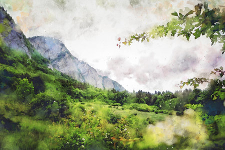 Watercolor Landscape Background Illustrationの写真素材