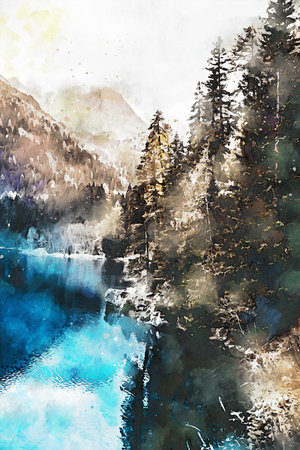 Watercolor Landscape Background Illustrationの写真素材