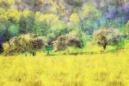 Watercolor Landscape Background Illustrationの写真素材