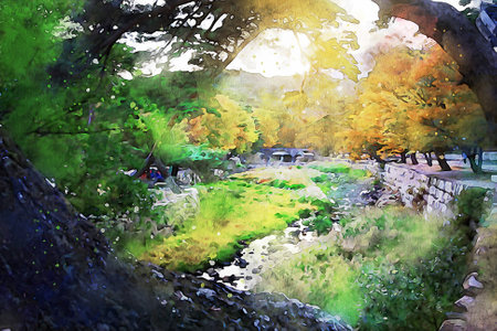Watercolor Landscape Background Illustrationの写真素材
