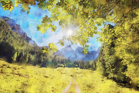 Watercolor Landscape Background Illustrationの写真素材