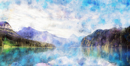 Watercolor Landscape Background Illustrationの写真素材