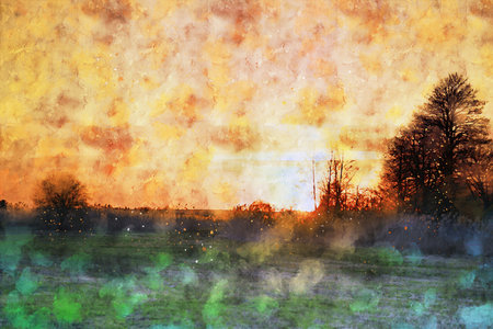 Watercolor Landscape Background Illustrationの写真素材