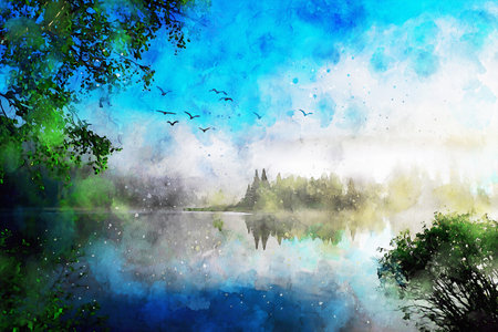 Watercolor Landscape Background Illustrationの写真素材
