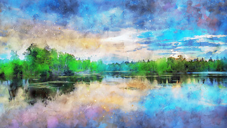 Watercolor Landscape Background Illustrationの写真素材