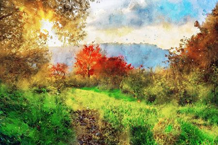 Watercolor Landscape Background Illustrationの写真素材